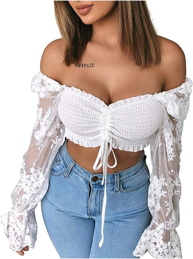 L'VOW Women's Lace Puff Long Sleeve Tube Top Off Shoulder Crop Top Sexy Pleated Chiffon Smocked Mesh | Amazon (US)