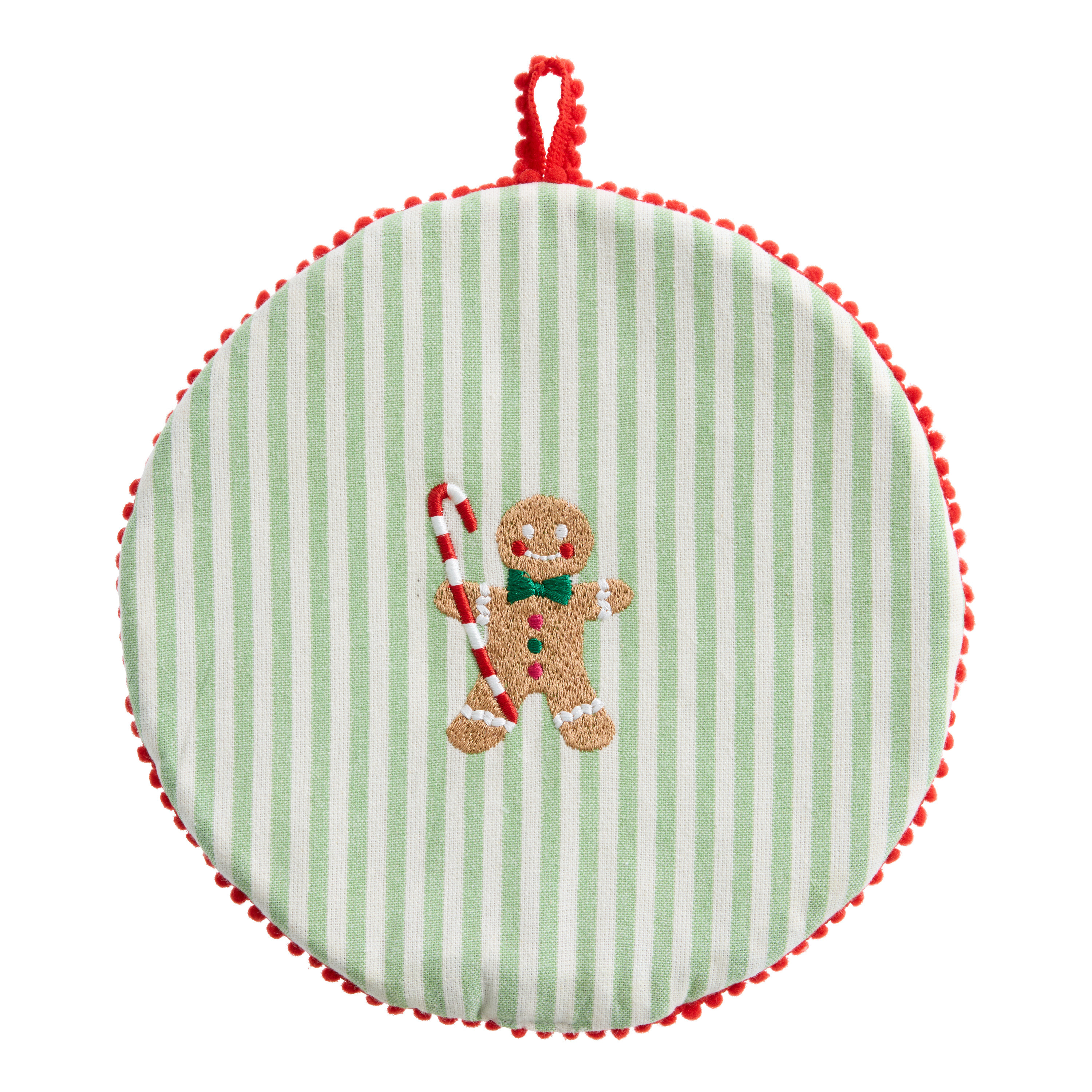 Round Green Gingerbread Stripe Embroidered Potholder | World Market