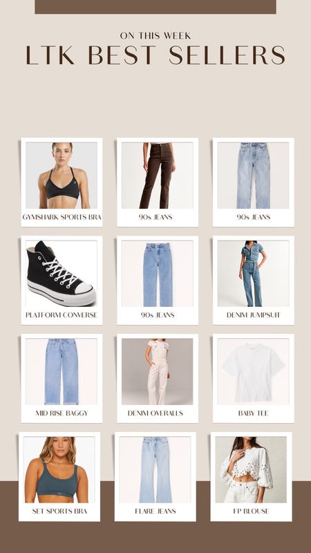 This weeks best sellers 🫶🏼 Abercrombie jeans, Abercrombie style, 90s jeans, brown jeans, platform converse, gymshark sports bra, gymshark activewear, fall fashion, fall style, denim overalls, denim jumpsuit