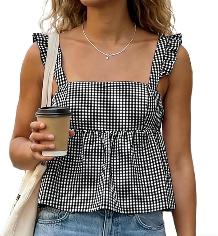 Mxiqqpltky Women Cute Gingham Babydoll Camisole Y2k Spaghetti Strap Ruffle Flowy Tank Top Fairy P... | Amazon (US)