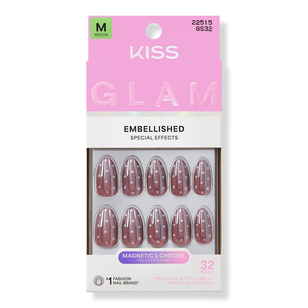 Kiss Glam Embellished Medium Almond Press On Nails, Velvet Noir | Ulta