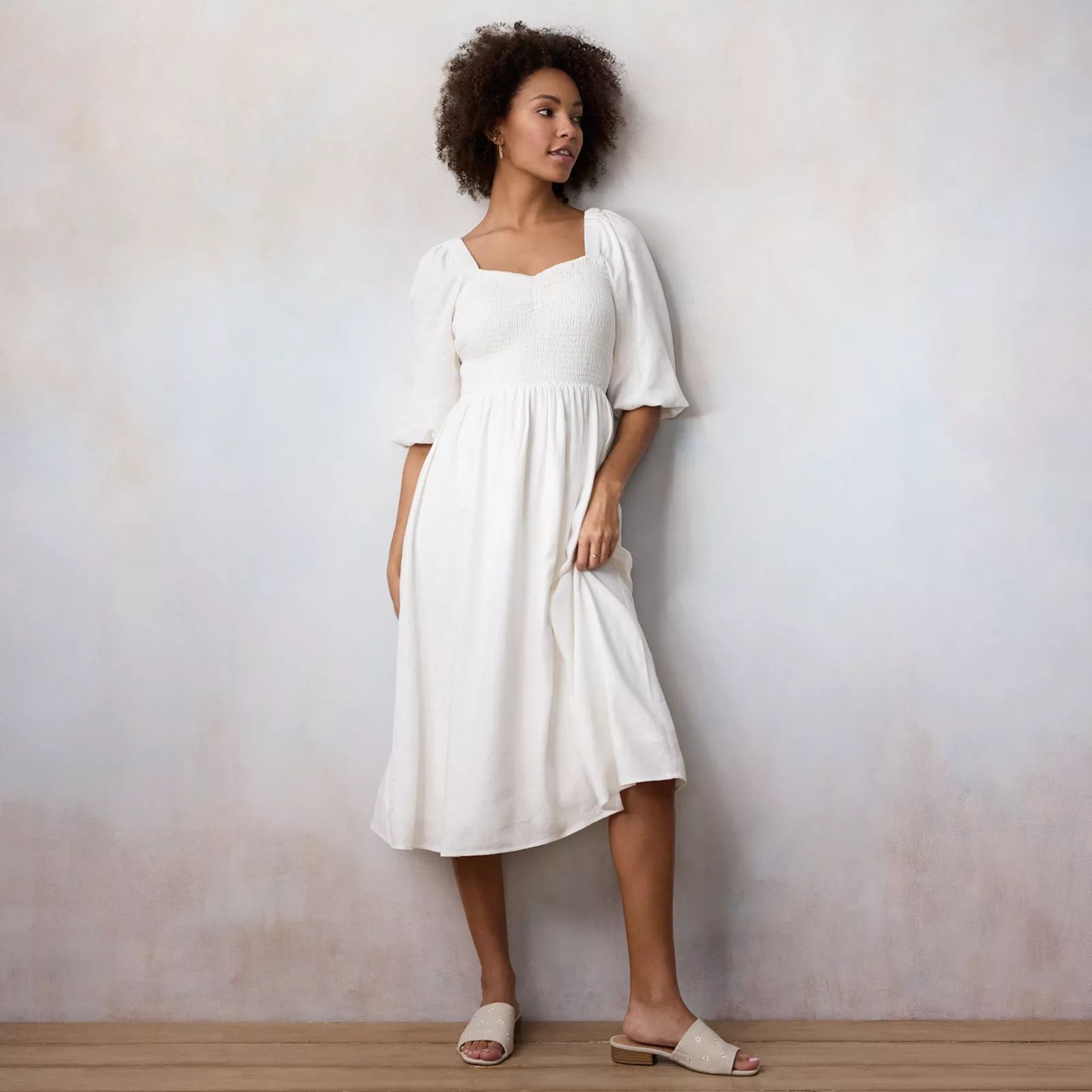 Women's LC Lauren Conrad Smocked Sweetheart Long Sleeve Midi Dress, Size: Medium, Natural | Kohl's