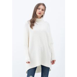 Effortless Chic Turtleneck Batwing Sleeve Hi-Lo Sweater in White | Chicwish