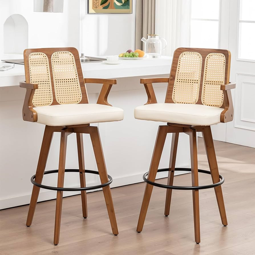Swivel Bar Stools Set of 2 - 30 inch Mid Century BarStools with Curved Backs and Arms, Walnut Ben... | Amazon (US)