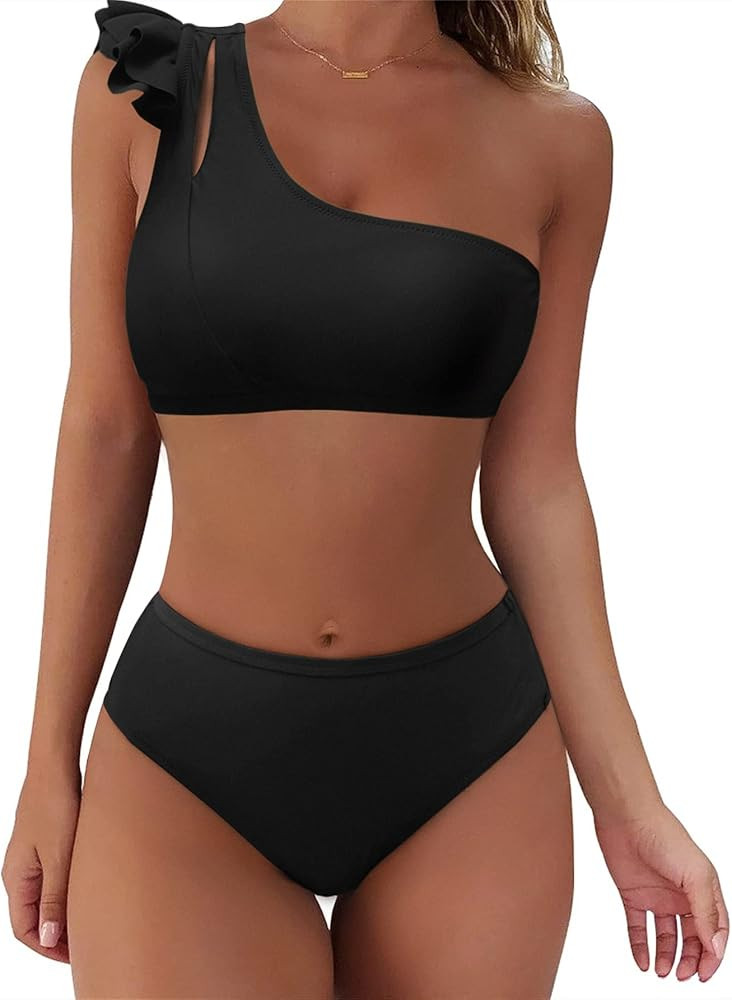 ATHMILE Ruffle Trim Bikini Set for Women One Shoulder Swimsuits High Waisted Two Piece Bathing Su... | Amazon (US)