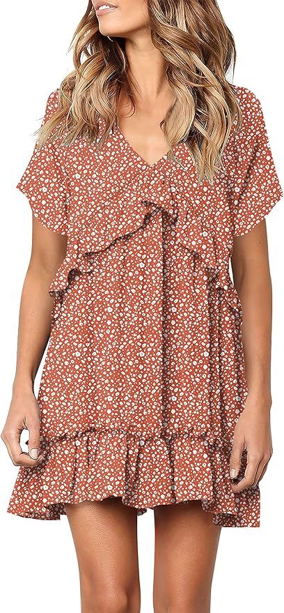 Women's V Neck Ruffle Print Loose Swing Casual Short T-Shirt Dress | Amazon (US)