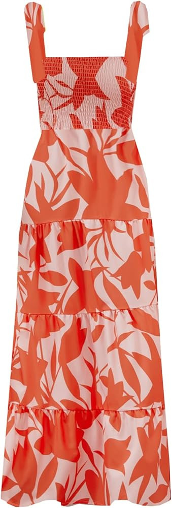 kinstell Women's Summer Boho Spaghetti Strap Square Neck Ruffle Casual Flowy Long Dress Beach Swi... | Amazon (US)