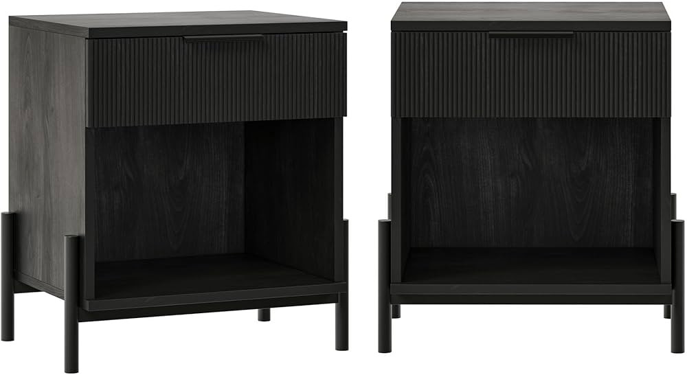 Walker Edison Paris Modern Reeded-Drawer Nightstand with Open Storage, Set of 2, Black | Amazon (US)