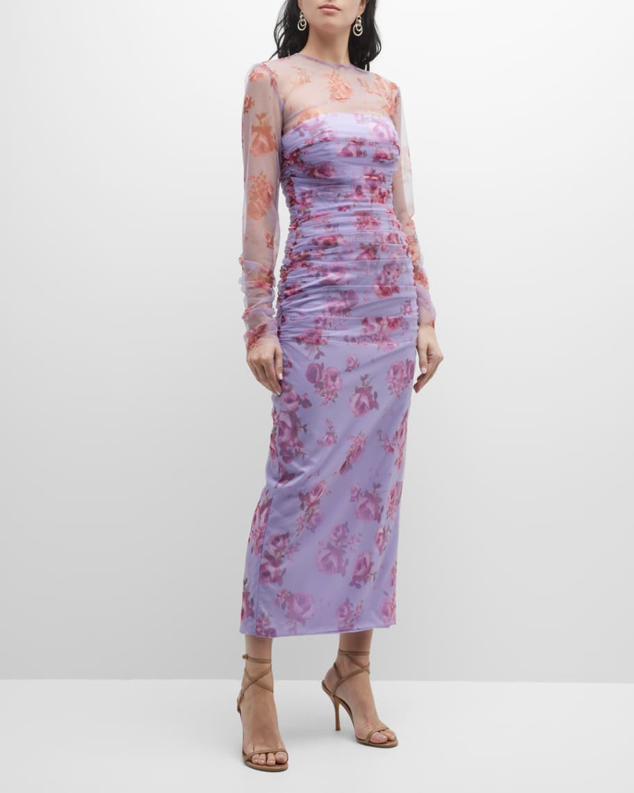 Rose-Print Ruched Mesh Midi Dress | Neiman Marcus