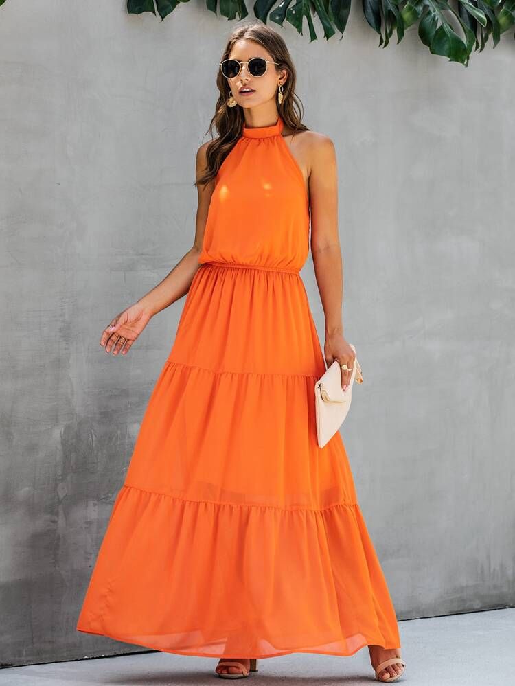 Neon Orange Ruffle Hem Maxi Halter Dress | SHEIN