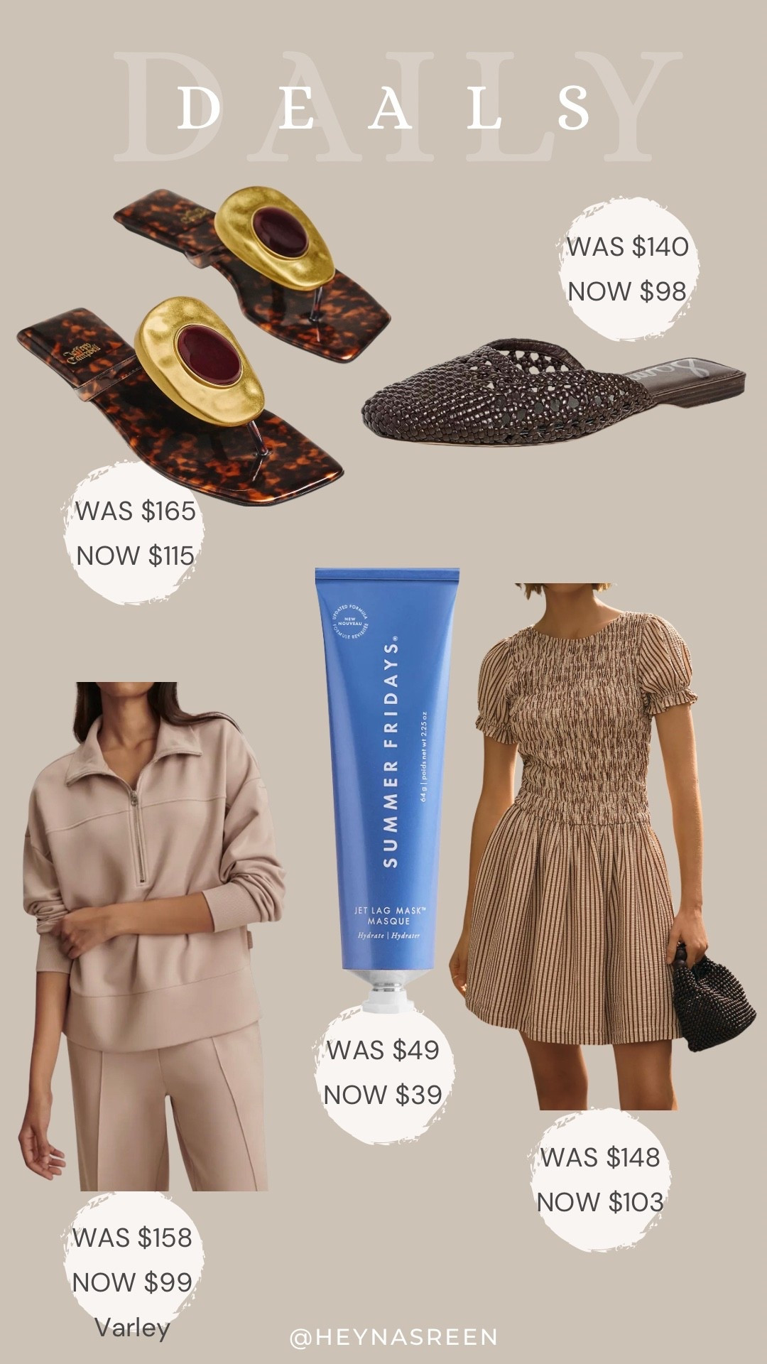 Daily deals on Jeffrey Campbell sandals, Adam Edelman flats, Anthropologie dress, Summer Fridays jet lag moisturizer & mask, Varley sweatshirt