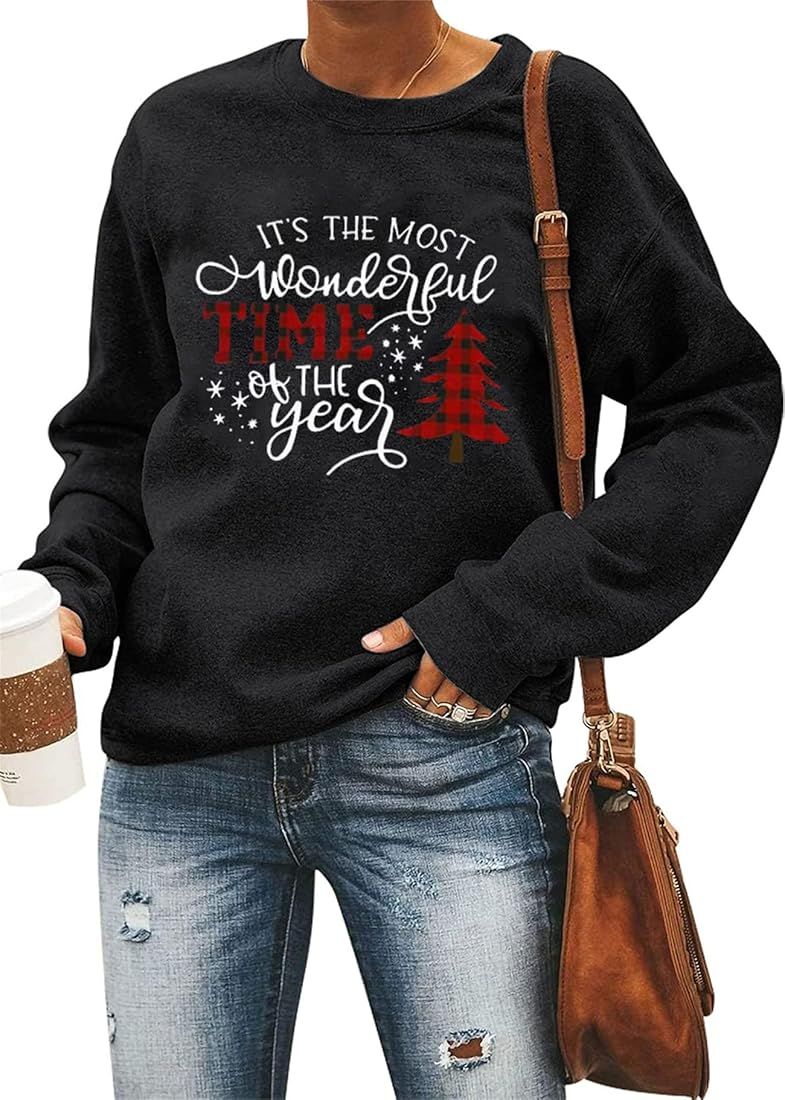 Aimico Womens Christmas Shirt Casual Long Sleeve Sweatshirt Funny Printed Holiday Top | Amazon (US)