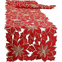 OWENIE Red Table Runner, ChristmasTable Runner with Metallic Embroidered Cutwork Poinsettia for Xmas | Amazon (US)