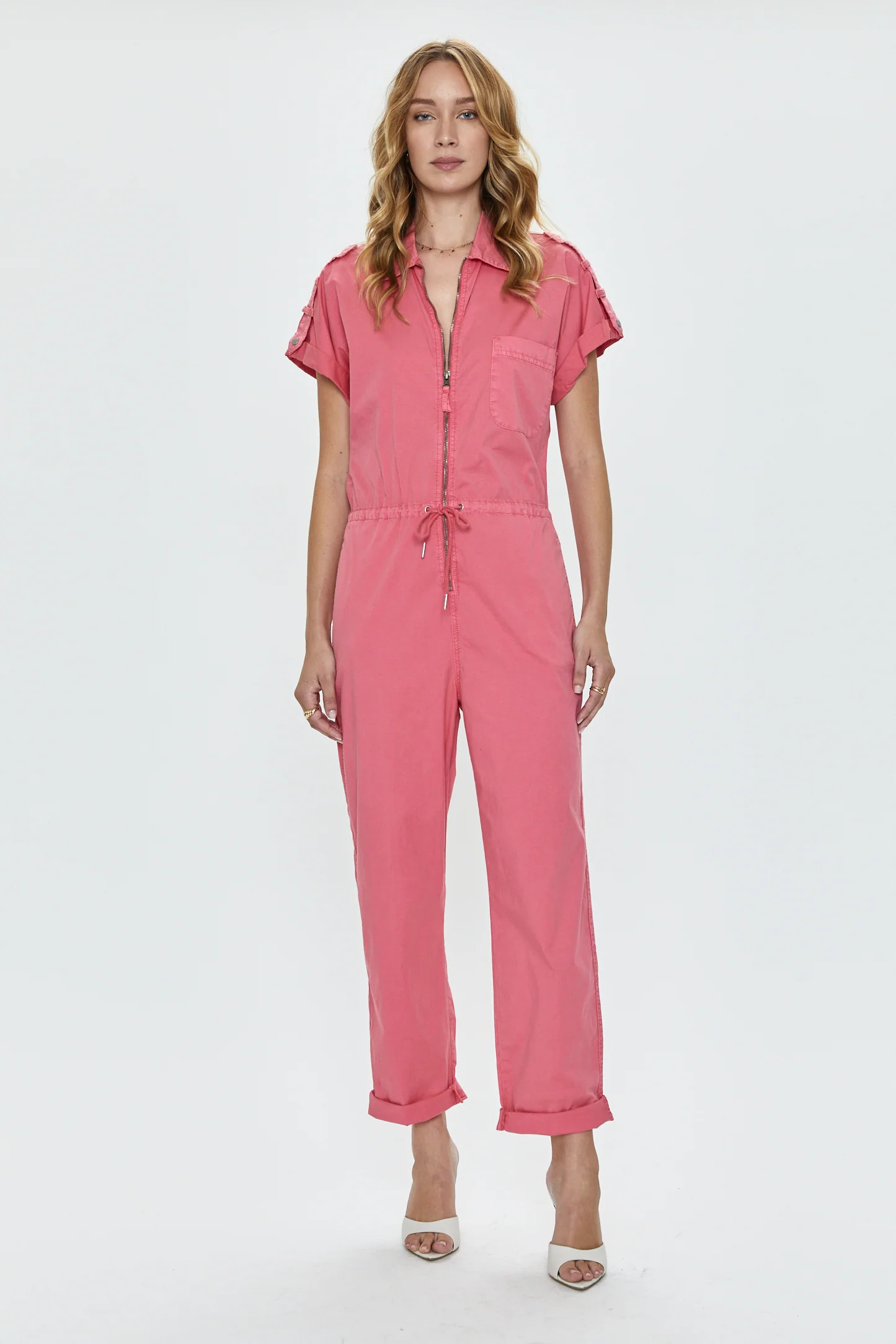 Jordan Short Sleeve Zip Front Jumpsuit - Pink Punch | Pistola Denim