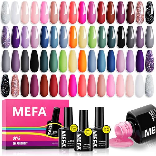 MEFA 35 Pcs Gel Nail Polish Set, 32 Colors All Seasons Collection Gel Nail Polish Kit with Base Coat No Wipe Glossy/Matte Top Coat Blue Red Pink Nail Art Manicure DIY Salon Home Gifts for Women Girls | Amazon (US)