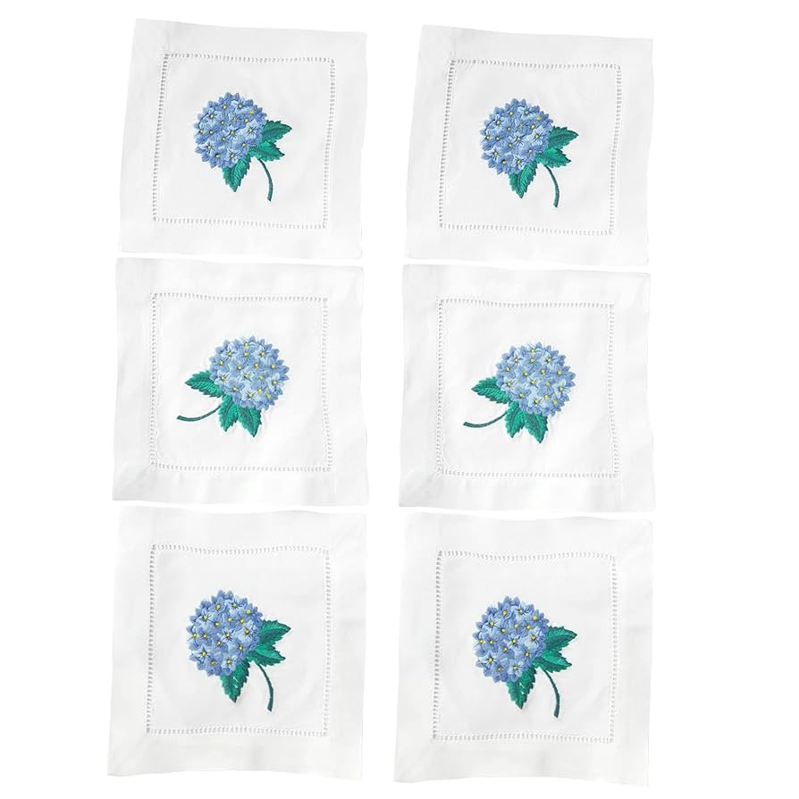 Embroidered White Cocktail Napkins 6"x6" Set of 6 Cloth Napkin Coasters, Hydrangea Embroidered Co... | Amazon (US)