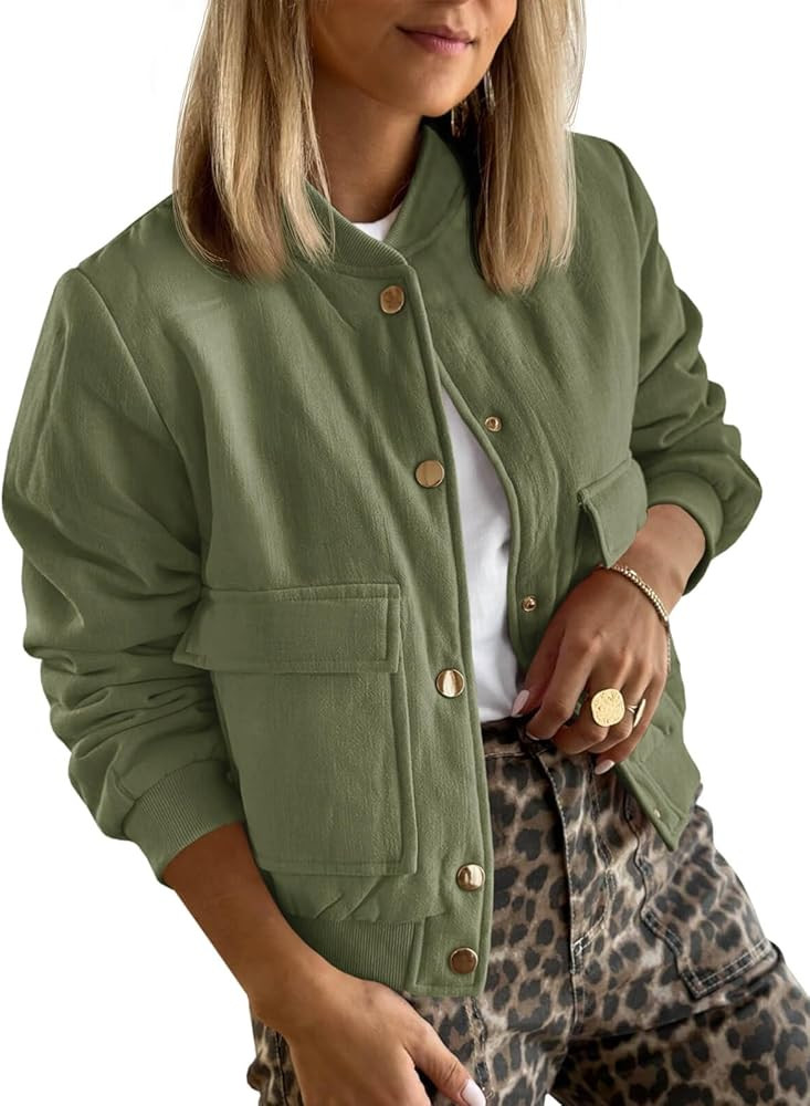 Tankaneo Womens Cropped Puffer Bomber Jacket Winter Casual Button Down Varsity Coats with Pockets | Amazon (US)