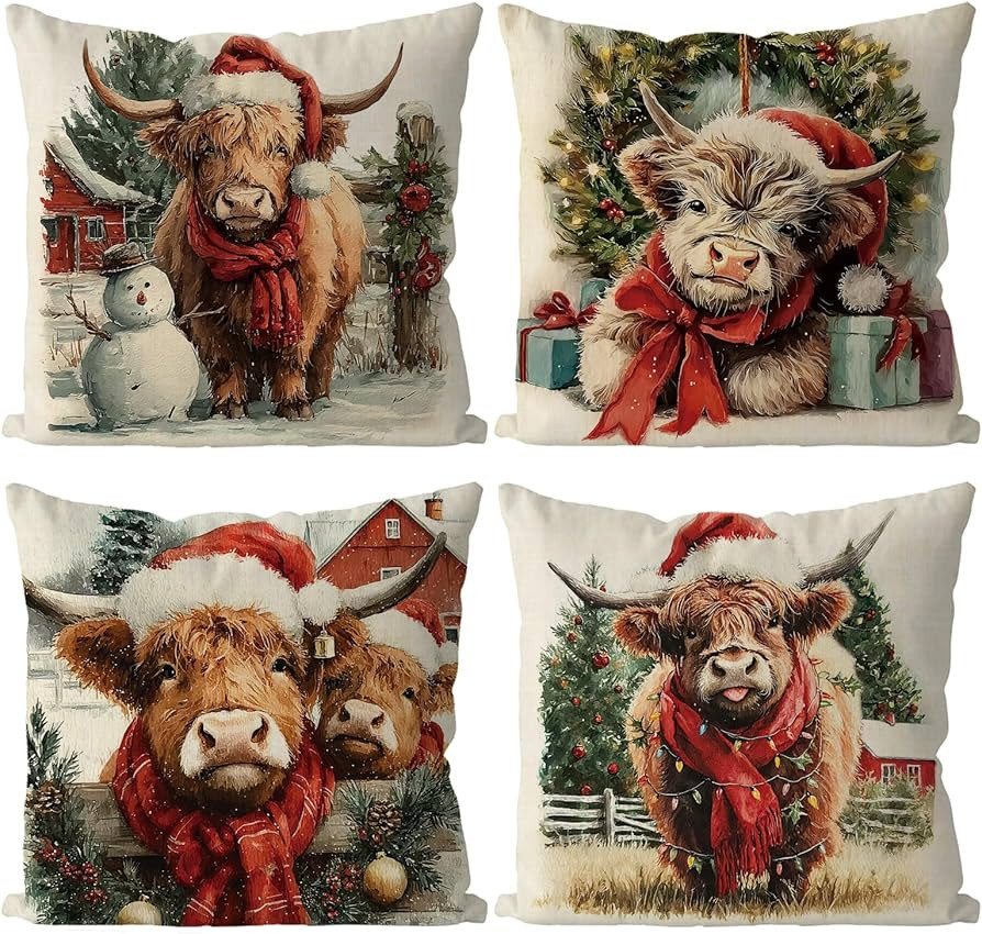 Christmas Pillow Covers Highland Cow Farmhouse Xmas Vintage Throw Pillows Covers Home Sofa Living... | Amazon (US)