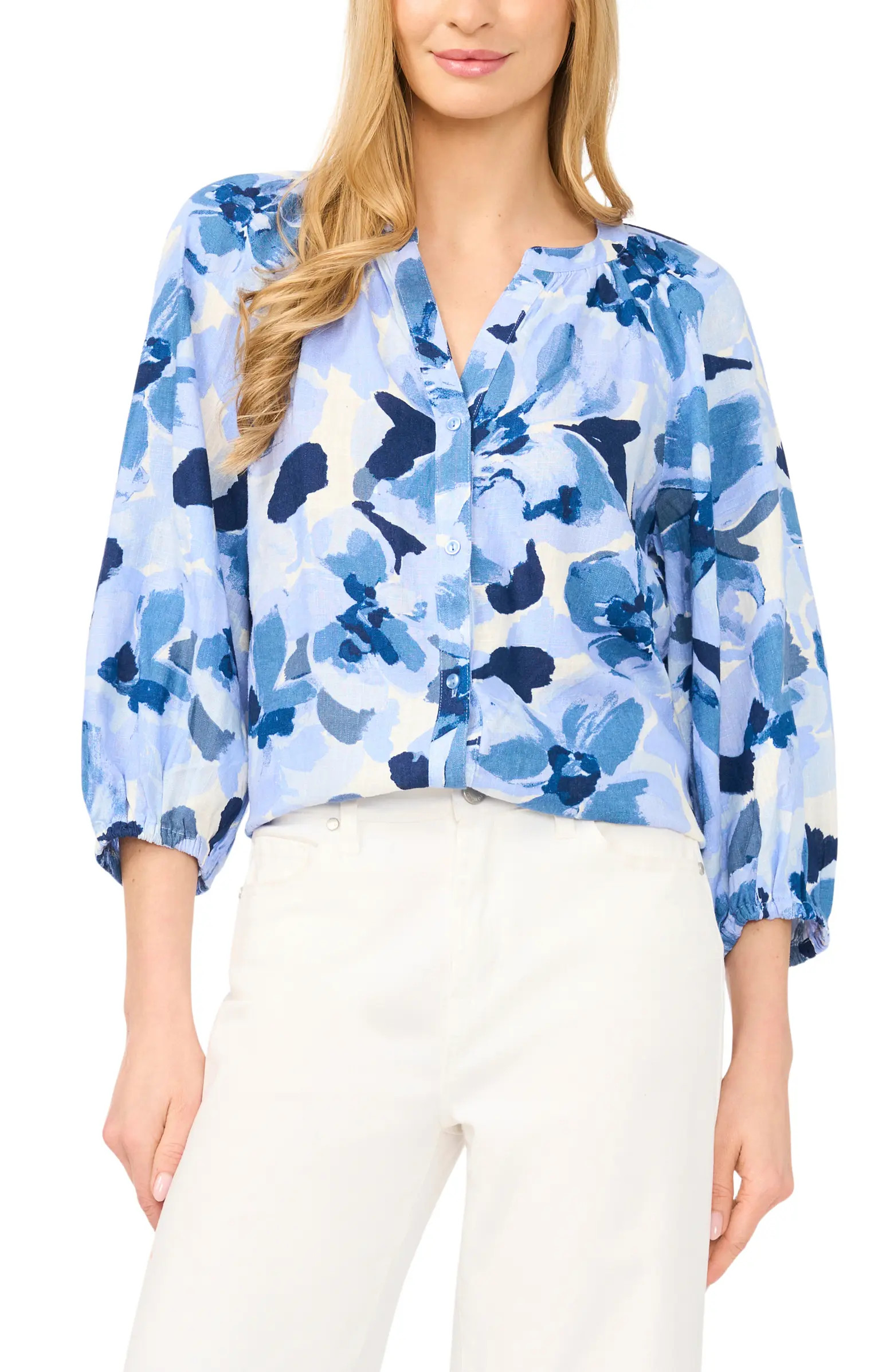 Floral Raglan Balloon Sleeve Button-Up Top | Nordstrom