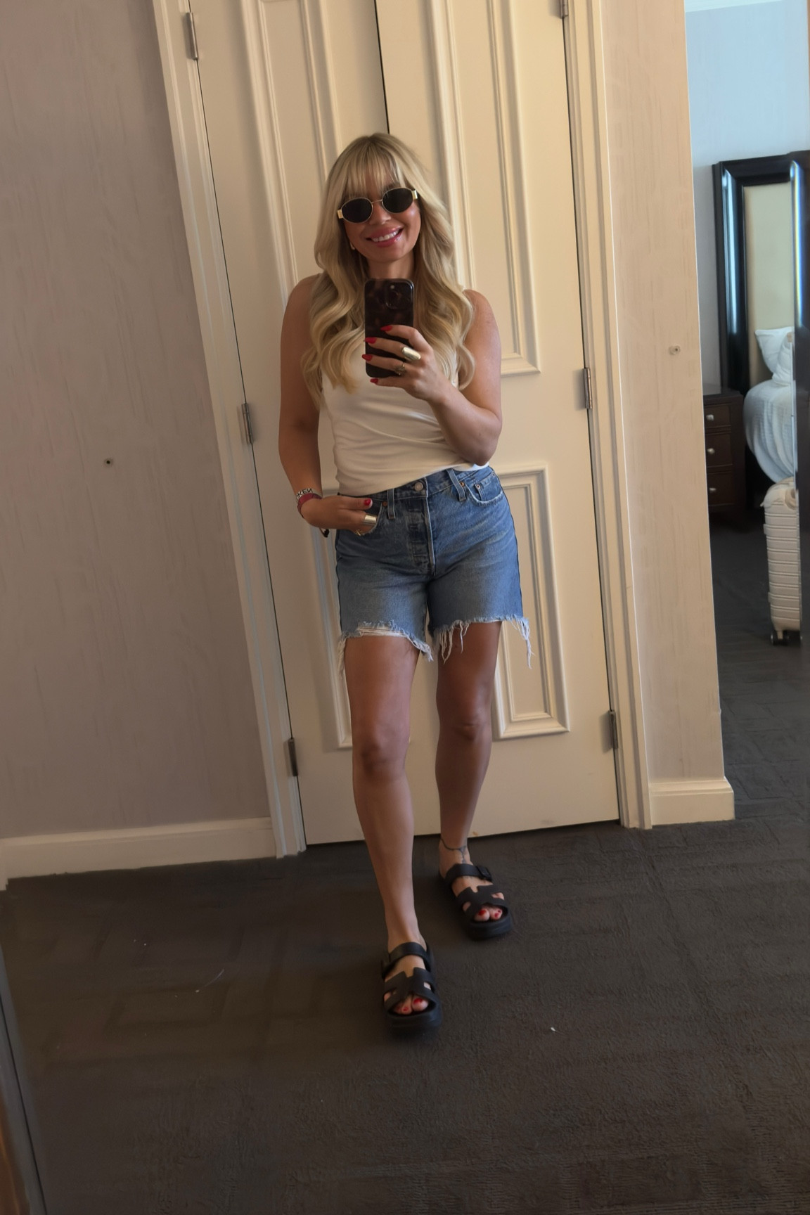 White cropped basic tank size medium 
Levi’s cut off shorts size 26
Steve Madden black sandals size 7

#LTKMidsize #LTKootd #LTKTravel