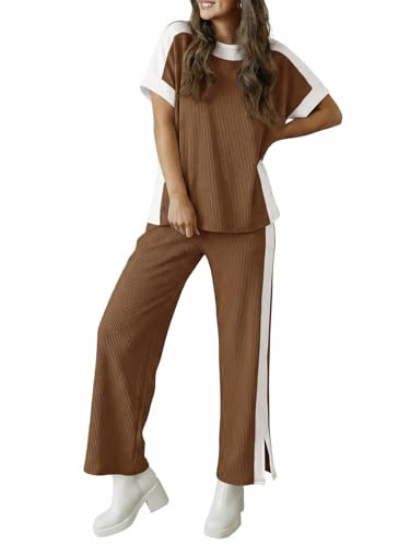 Fisoew Womens 2 Piece Lounge Sets Summer Textured Short Sleeve Tops Wide Leg Pants Casual Loose T... | Amazon (US)