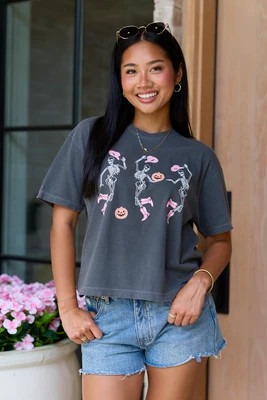 Dancing Skeletons Dark Grey Boxy Graphic Tee | Pink Lily