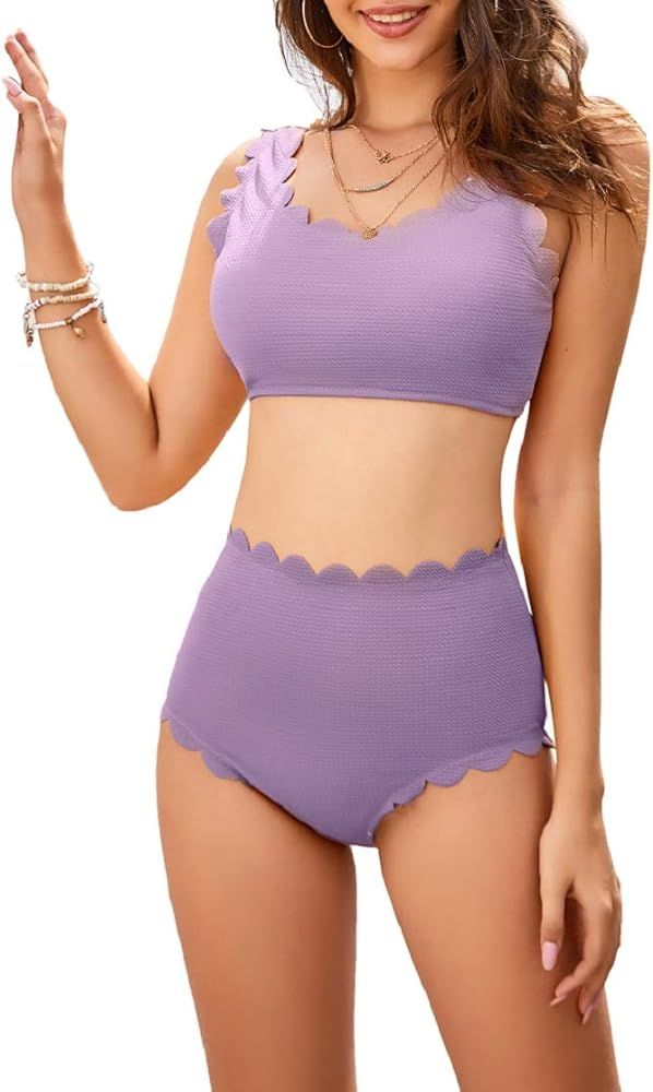 2 Piece One Shoulder Swimsuits for Women, High Waisted Bottom Scalloped Bikini Set, Petals Solid ... | Amazon (US)