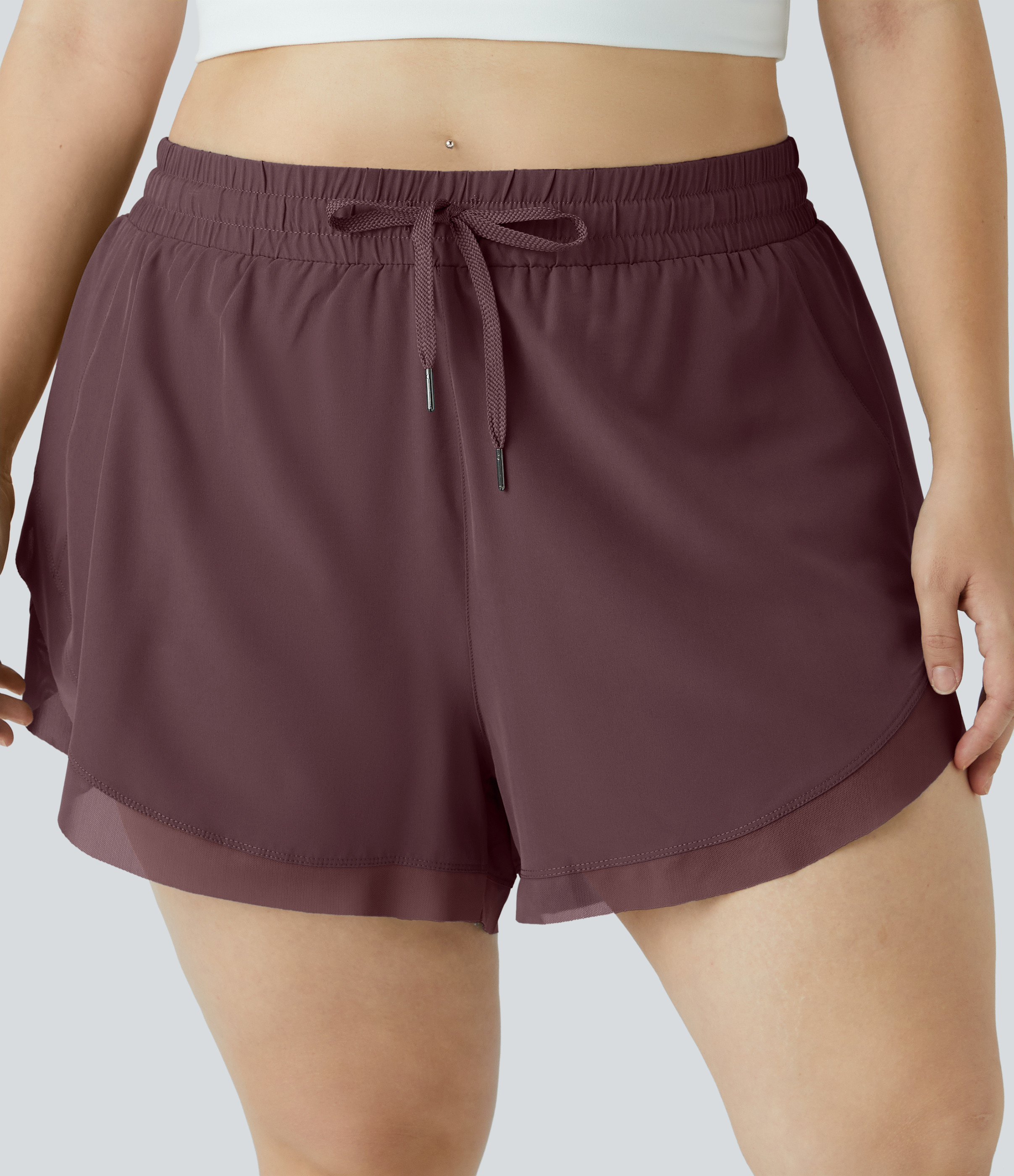 Halara Drawstring Contrast Mesh 2-in-1 Plus Size Shorts 4"" Gym Short - Winetasting - 1X booty shorts compression shorts yoga shorts | HALARA