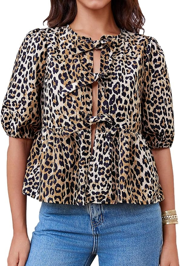 Tankaneo Womens Tie Front Tops Summer Peplum Babydoll Puff Short Sleeve Blouse Cute Cotton Shirts | Amazon (US)