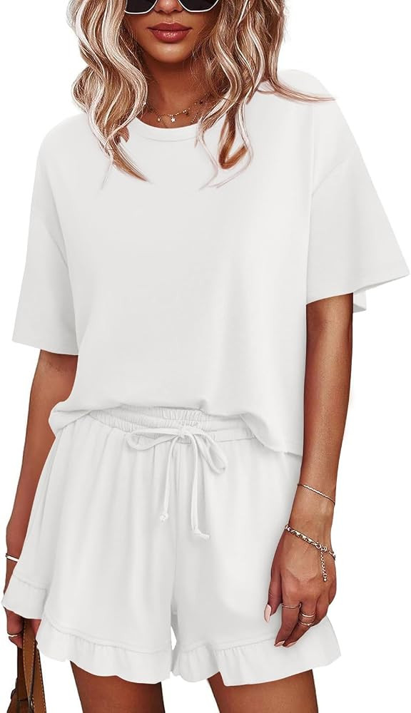 Tankaneo Womens 2 Piece Shorts Set Summer Casual Short Sleeve T Shirts Drawstring Ruffle Shorts P... | Amazon (US)