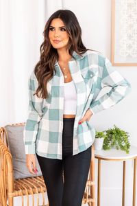 Early Arrival Sage Buffalo Plaid Blouse FINAL SALE | Pink Lily