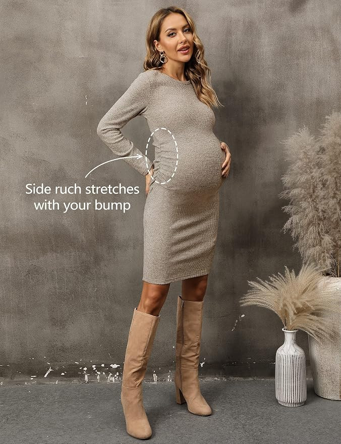 abkylie Side Ruch Knit Ribbed Maternity Bodycon Dress/Knee-Length Dress with Long Sleeve Fall Cas... | Amazon (US)