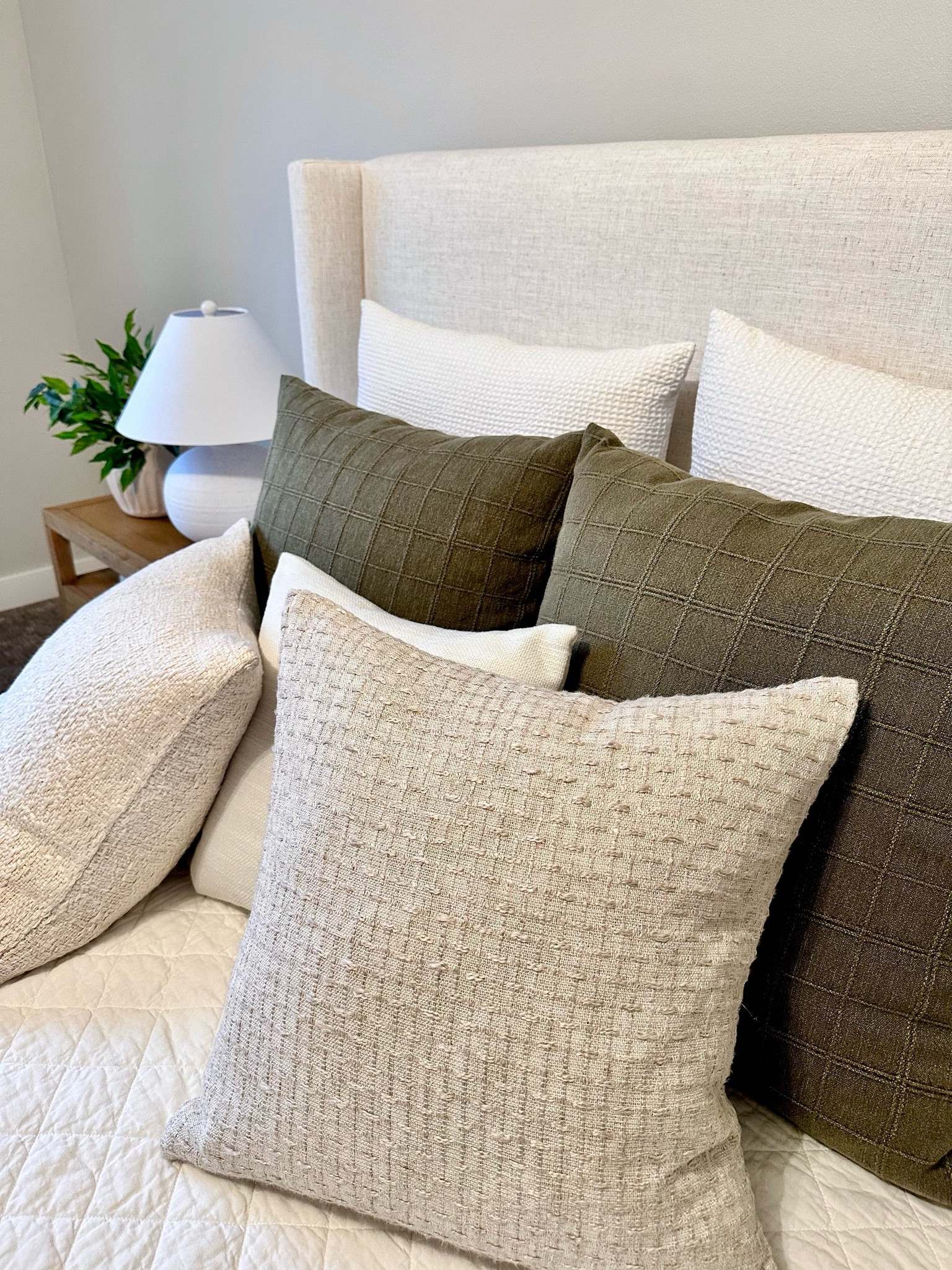 • White and green euros are from Target and already have an insert!
• Textured covers are H&M and I have 24 x 24 H&M inserts in them!
• Small pillow is an Amazon cover with a 20 x 20 H&M insert!
• Lamp is from TJMaxx but I linked from other stores!
• Bed color is: Linen Talc

BEDDING
BEDROOM INSPIRATION
ORGANIC MODERN
NEUTRAL BEDROOM
BEDS, BEDROOM DECOR

#LTKfindsunder100 #LTKhome #LTKstyletip