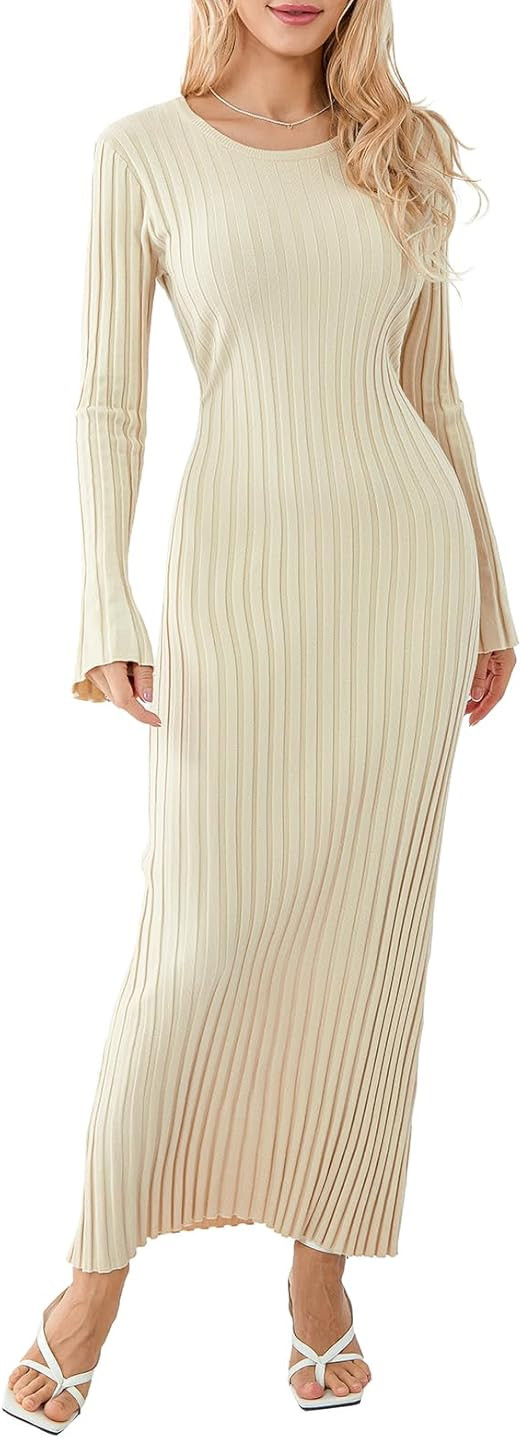 UAURORAO Women Ribbed Knit Long Sleeve Maxi Dress Crew Neck Bodycon Pencil Long Dress Tie Waist D... | Amazon (US)