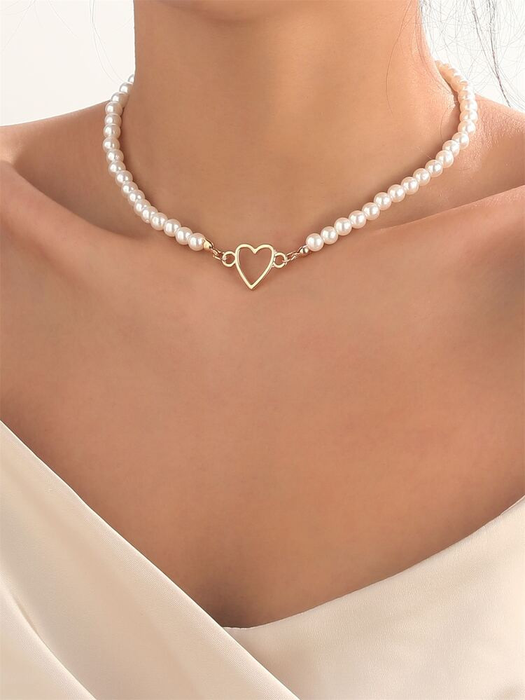 Faux Pearl Decor Heart Charm Necklace | SHEIN