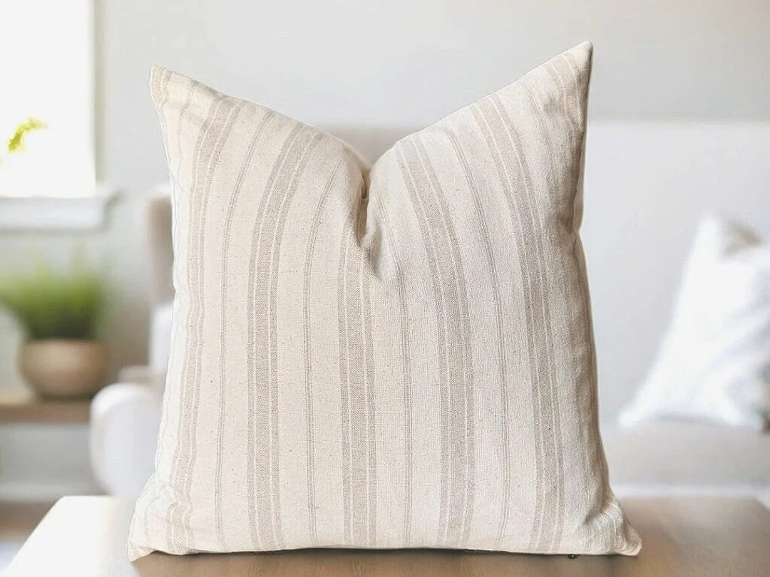 Striped Linen Pillow, Neutral Lines Cushion, Beige Cream Euro Sham, Modern Farmhouse Home, Cozy C... | Etsy (US)