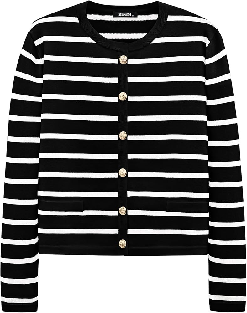 BTFBM Women's Cardigans Sweater 2024 Fall Striped Long Sleeve Button Down Crop Open Front Knit Ou... | Amazon (US)