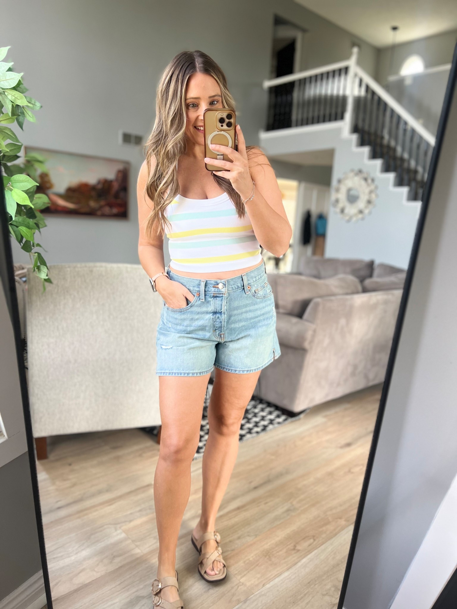 These tanks with the built in bra are so cute and comfy. Perfect to just throw on and go. Also super excited to see my 90’s baggy mom Jean shorts are back this year! 🙌 Love the loose fit! 

#LTKOver40 #LTKSeasonal