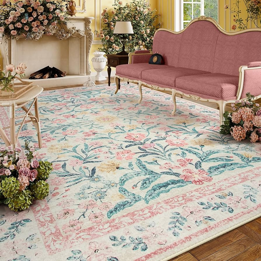 Lahome Boho Pink and White Area Rugs 9x12 Living Room, Washable Floral Large Area Rugs for Bedroo... | Amazon (US)