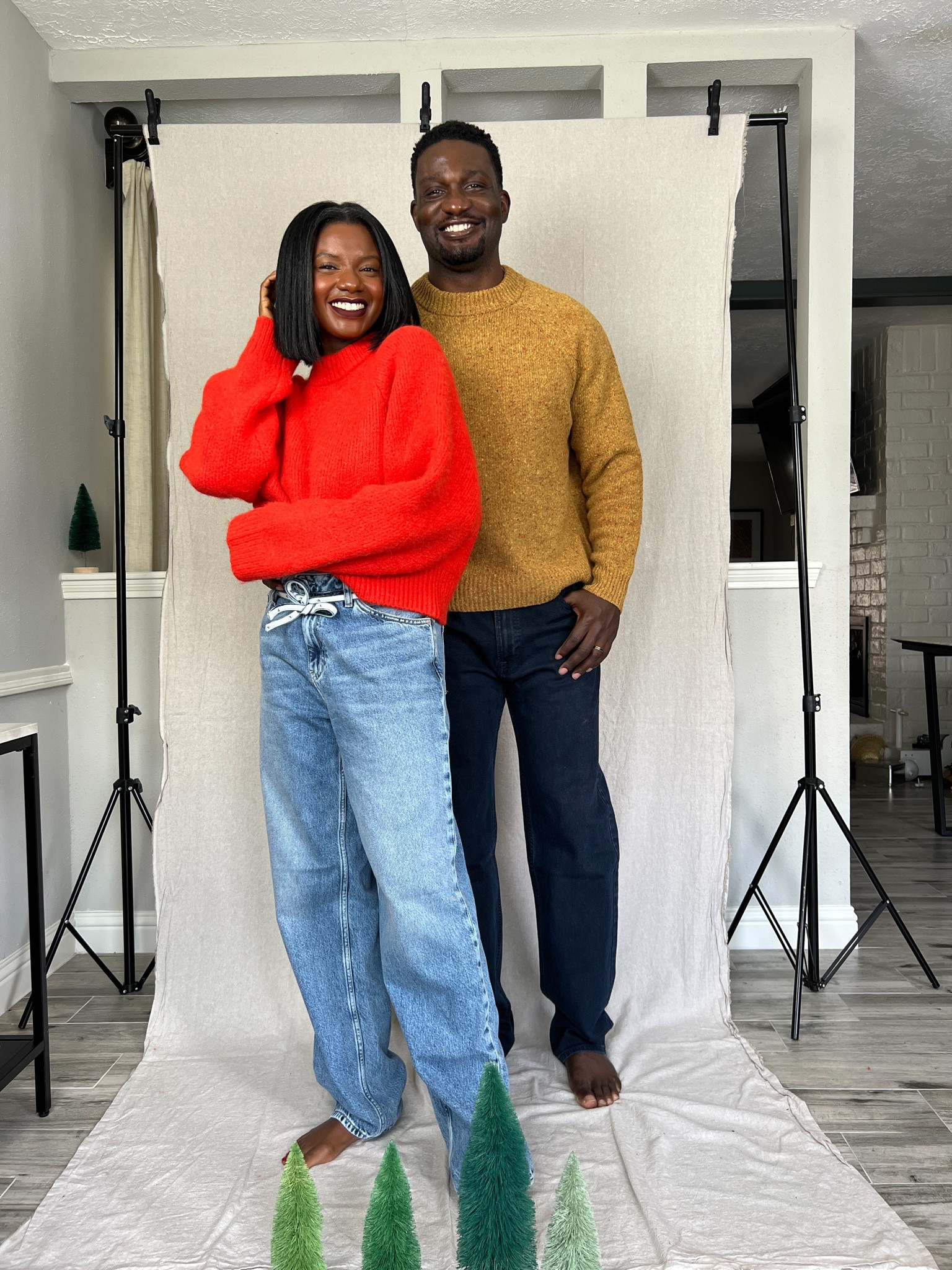 Casual couple’s holiday outfits! Calvin Klein red sweater, men’s mustard sweaters, 90s baggy jeans and men’s dark denim jeans  

#LTKunder100 #LTKHoliday #LTKGiftGuide