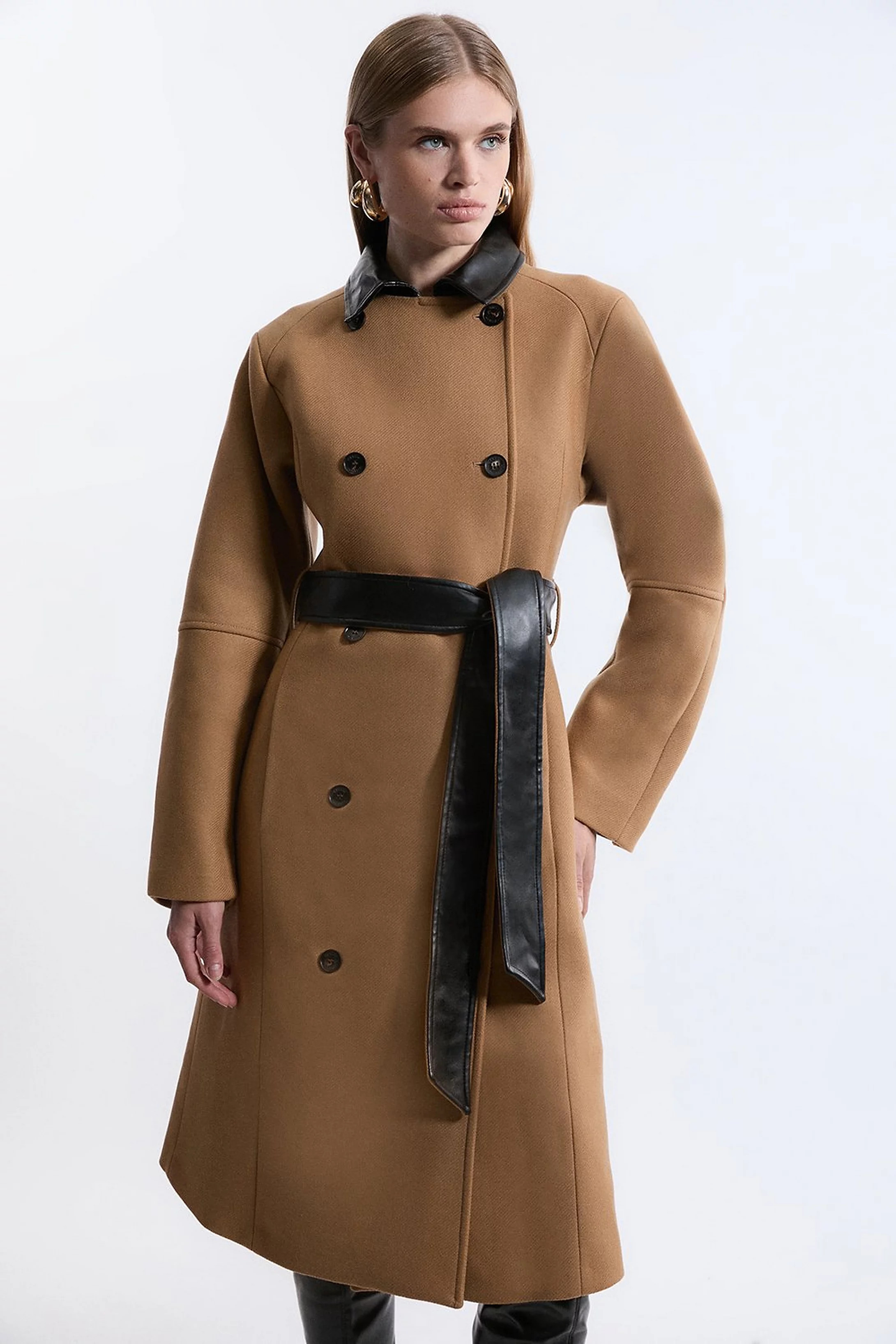 Premium Italian Manteco Wool Rounded Sleeve Belted Tailored Midi Coat | Karen Millen UK + IE + DE + NL