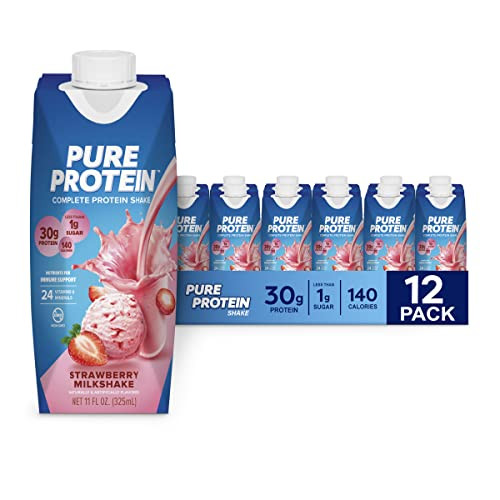 Pure Protein Strawberry Protein Shake, 30g Complete Protein, Ready to Drink and Keto-Friendly, Vitamins A, C, D, and E plus Zinc to Support Immune Health, 11oz Bottles, 12 Pack | Amazon (US)