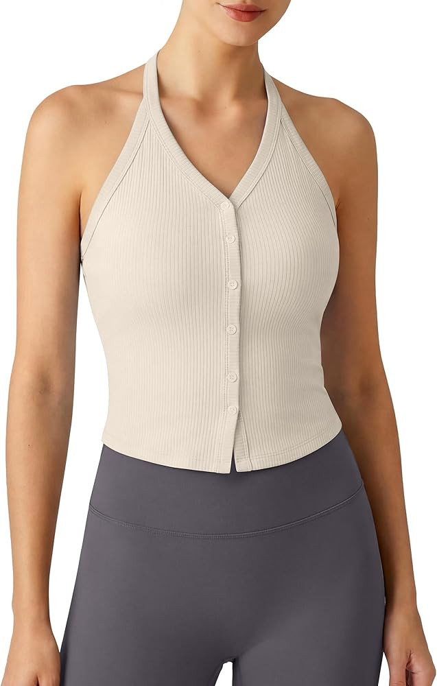 G4Free Ribbed Halter Crop Tank Tops Going Out Camisoles Backless Button Slim Fit Cropped Cami Top | Amazon (US)