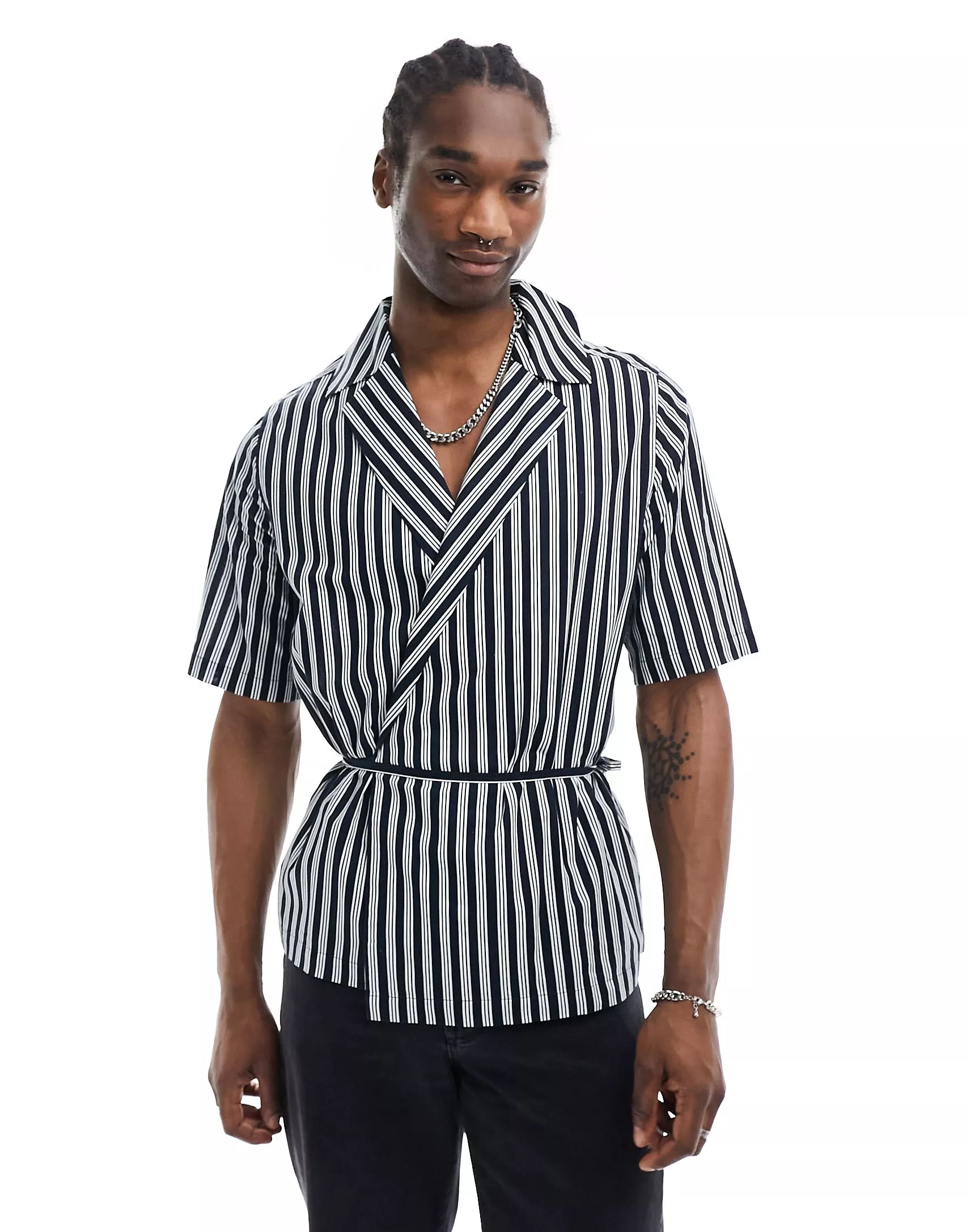 ASOS DESIGN relaxed revere wrap tie shirt in workwear stripe  | ASOS | ASOS (Global)