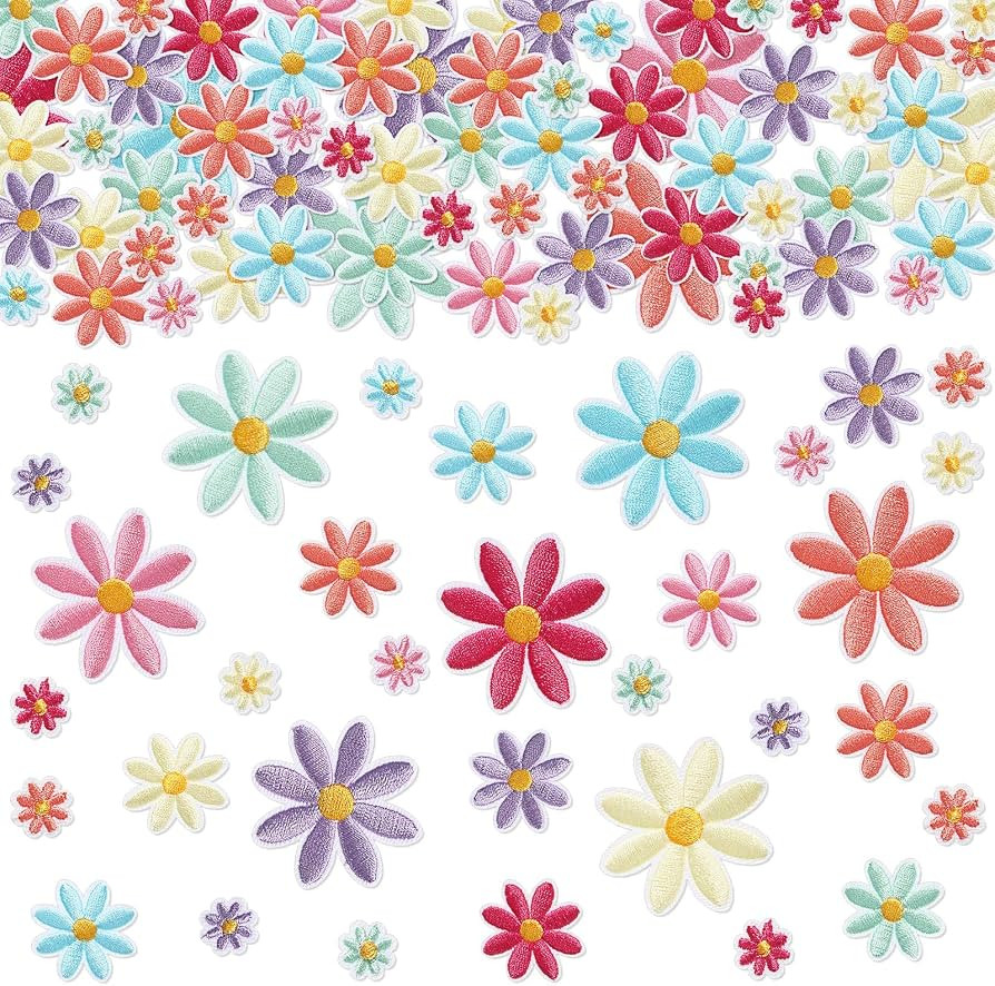 Lyrow 60 Pcs 3 Sizes Daisy Flower Iron on Patches Cute Colorful Flower Embroidered Sew on Appliqu... | Amazon (US)