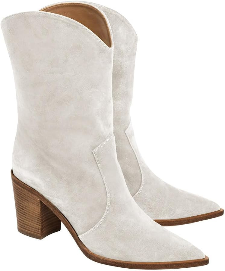 Coutgo Womens Cowboy Mid Calf Boots Chunky Block Heel Pointed Toe Suede Western Cowgirl Boots | Amazon (US)