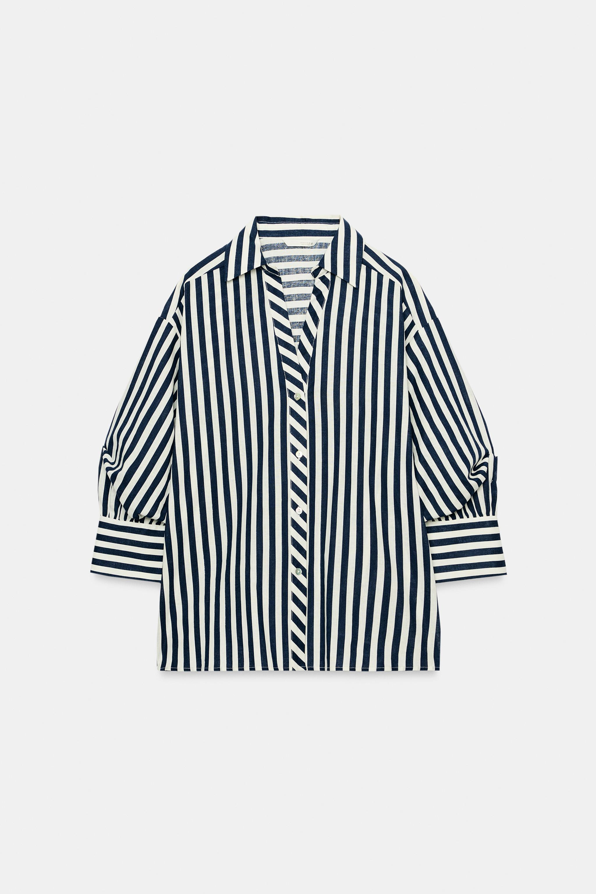 STRIPED LINEN BLEND PUFF SLEEVE SHIRT | Zara UK