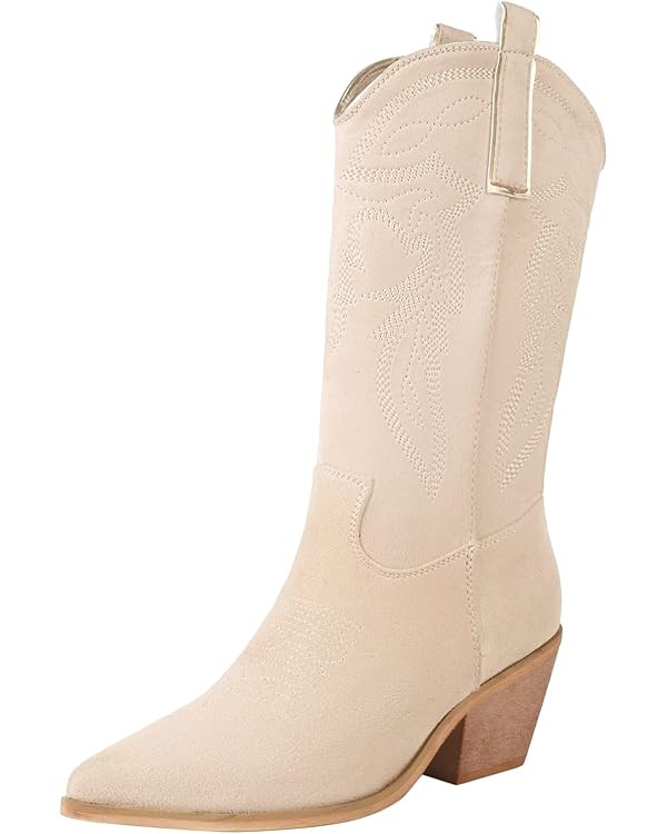 Reitoye Women's Embroidered Western Cowboy Boots Mid Calf Chunky Heel Pull-Up Tabs Classic Cowgir... | Amazon (US)