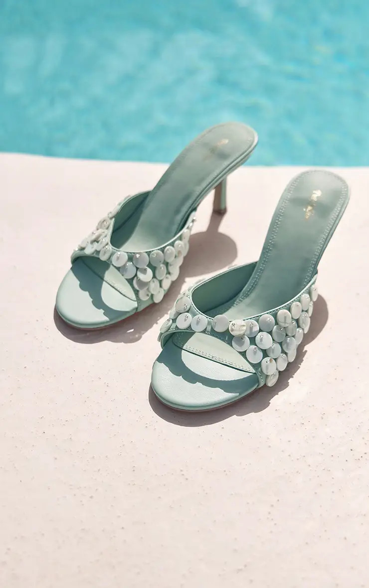 Aqua Shell Trim Kitten Heeled Mule | PrettyLittleThing UK