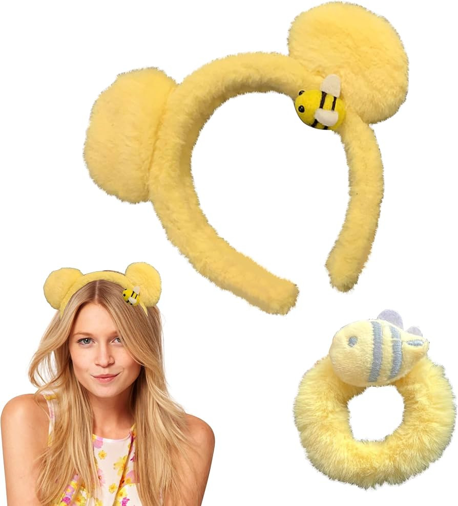 Yellow Plush Bear Ears Headband and Hair Ties - Bee Ears Headband Adult The Pooh Ears Headband Ad... | Amazon (US)